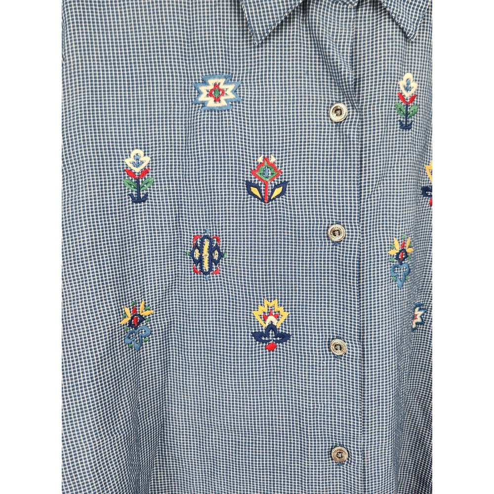 Nikki Vintage Gingham Embroidered Button Down Shirt Blue White Floral Size 16 - Picture 2 of 7